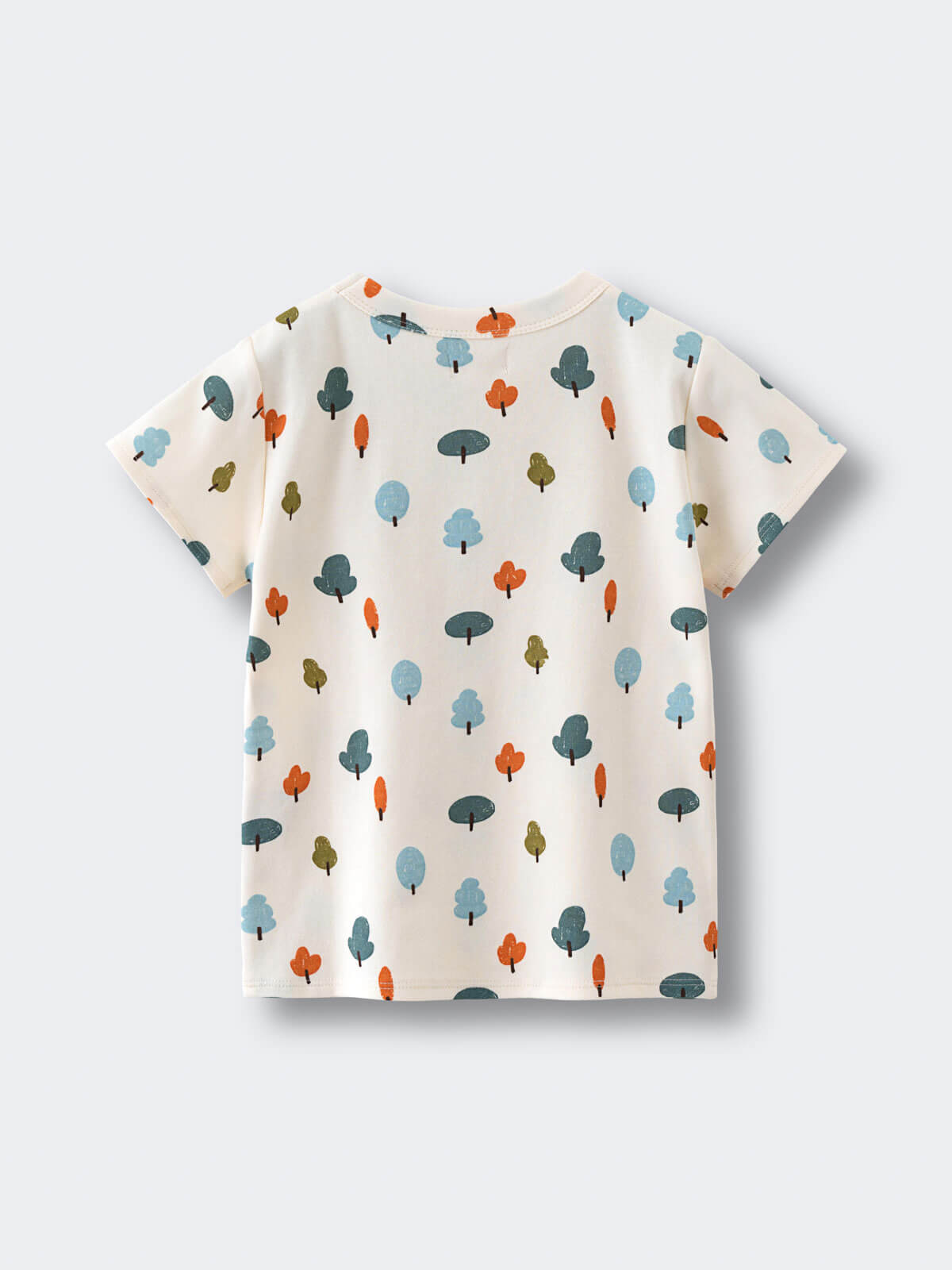 White t-shirt with colorful tree pattern print on fabric Printed Short Sleeve Tee - Forest Adventure Ecru Boys