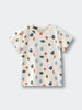 Cream-colored t-shirt with small tree pattern in blue, orange, and green Printed Short Sleeve Tee - Forest Adventure Ecru Boys