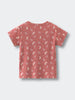 Back view of a coral-colored t-shirt with white bunny and mushroom print Printed Short Sleeve Tee - Forest Gathering Rosehip Girls