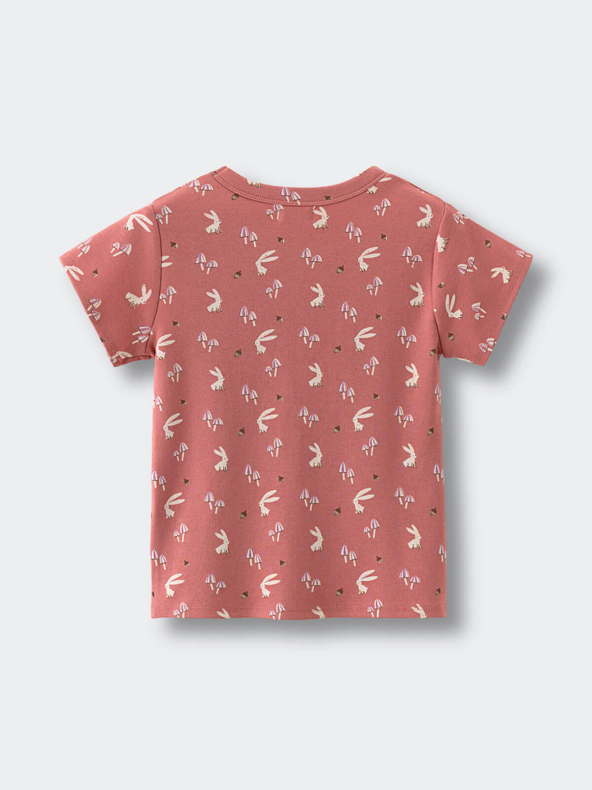 Back view of a coral-colored t-shirt with white bunny and mushroom print Printed Short Sleeve Tee - Forest Gathering Rosehip Girls