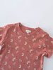 Close-up of a coral t-shirt with bunnies and mushrooms print Printed Short Sleeve Tee - Forest Gathering Rosehip Girls