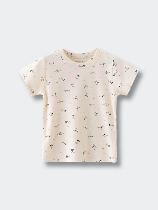 Cream-colored short sleeve t-shirt with small pink floral print pattern Printed Short Sleeve Tee - Wild Meadow Ecru Girls