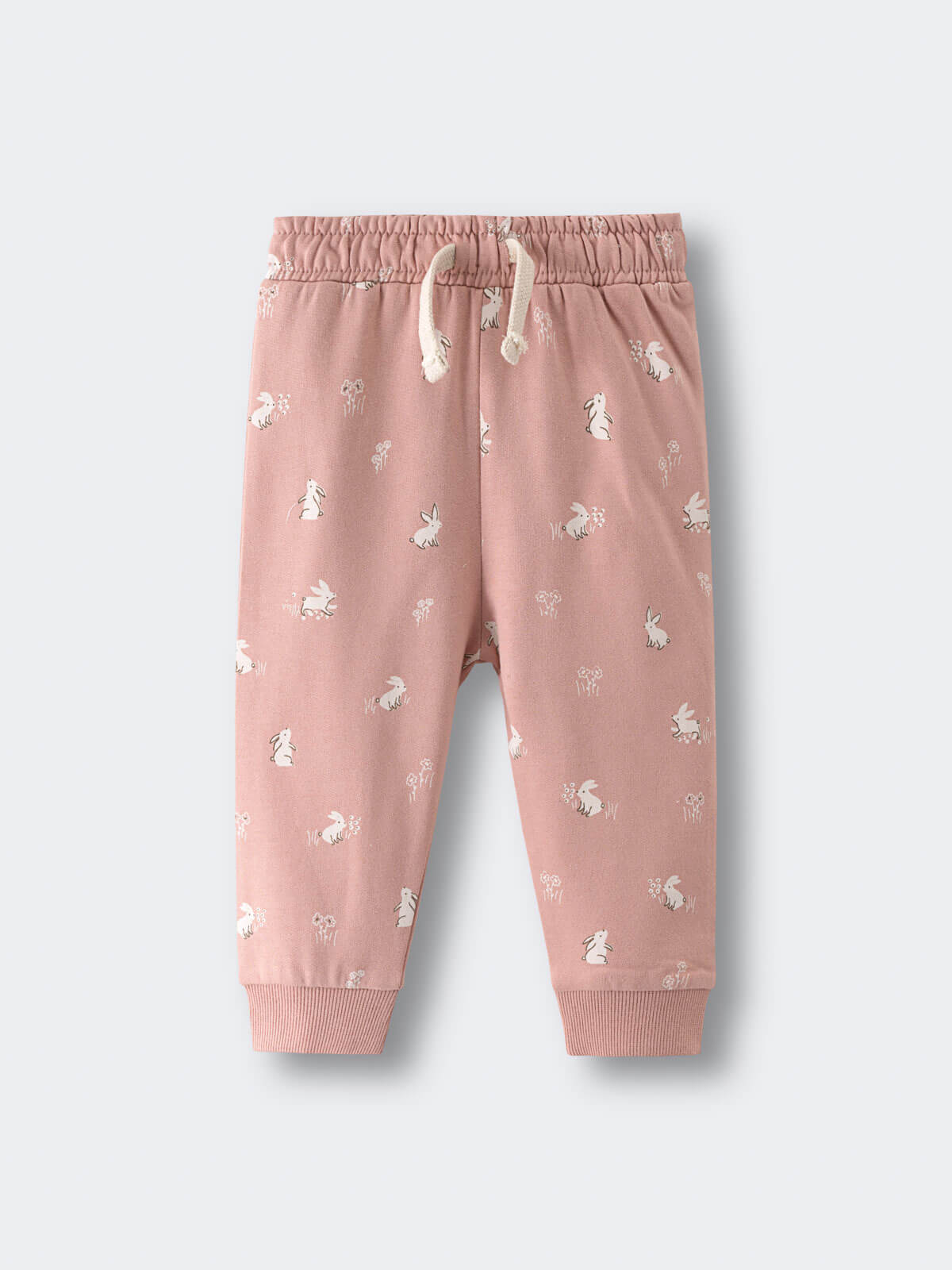 Pink sweatpants with white bunny and flower print on gray background Printed Sweatpants - Meadow Friends Blush Baby girl