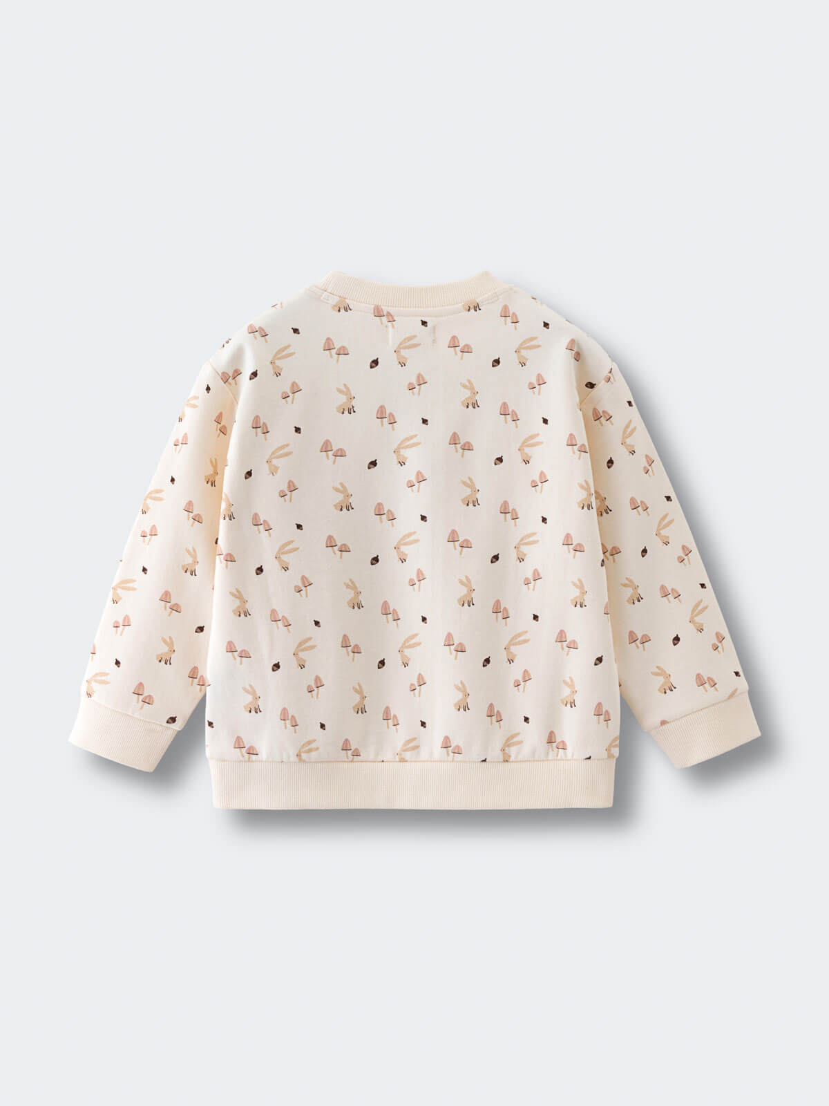 Cream sweatshirt with small rabbit and mushroom print pattern laid flat Printed Sweatshirt - Forest Gathering Ecru Girls