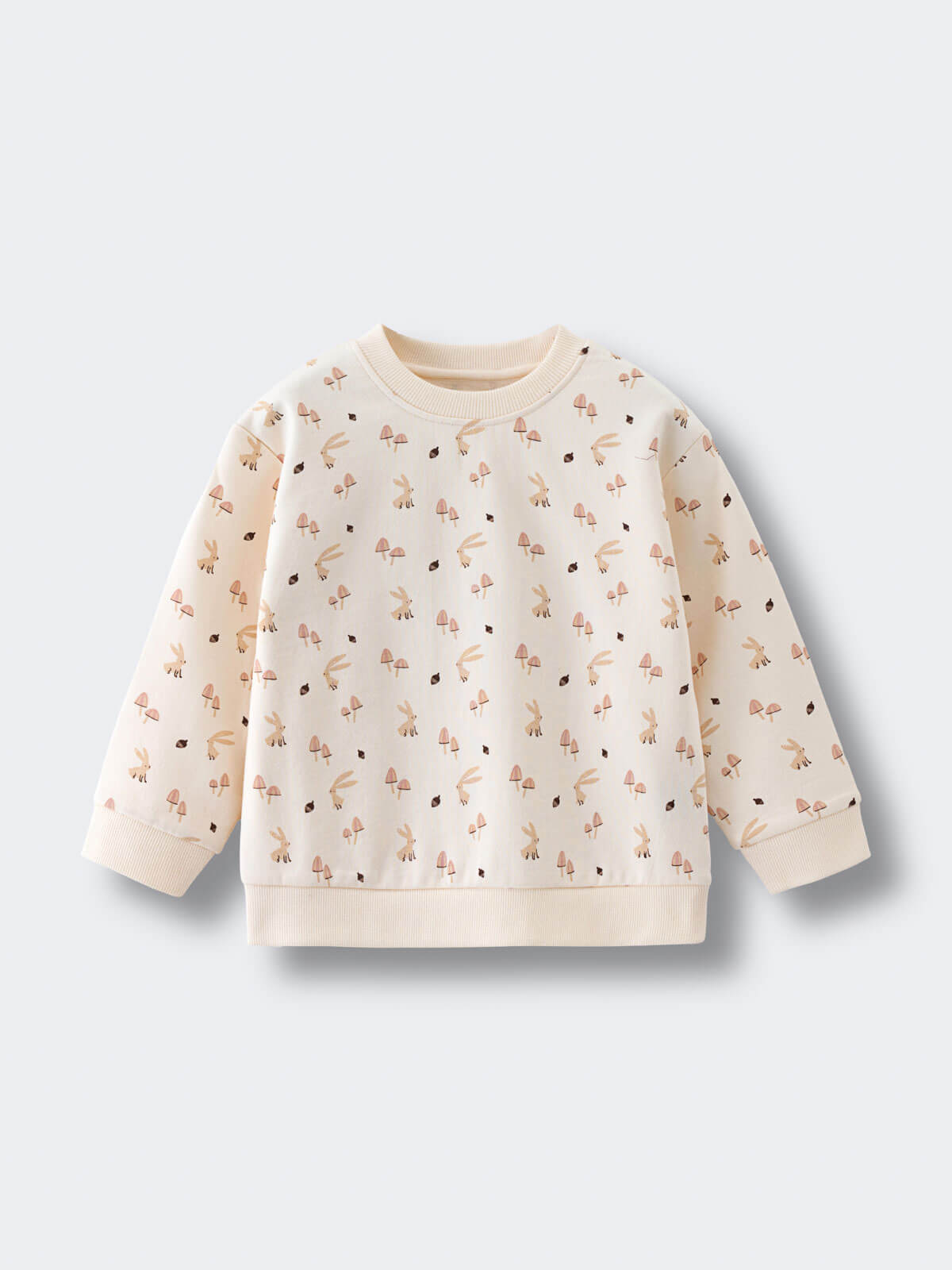Cream sweatshirt with small mushroom and rabbit print pattern Printed Sweatshirt - Forest Gathering Ecru Girls