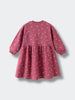 Pink floral patterned dress with ribbed cuffs and gathered skirt laid flat Sweatshirt Dress - Wild Meadow Plum Jam Girls