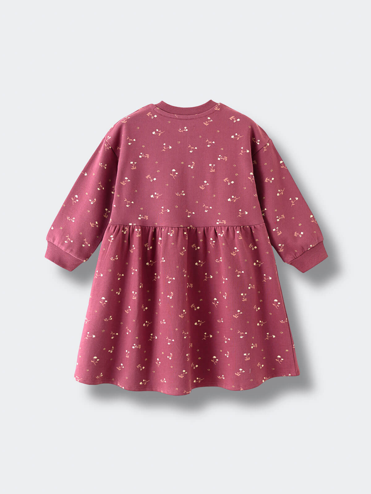 Pink floral patterned dress with ribbed cuffs and gathered skirt laid flat Sweatshirt Dress - Wild Meadow Plum Jam Girls