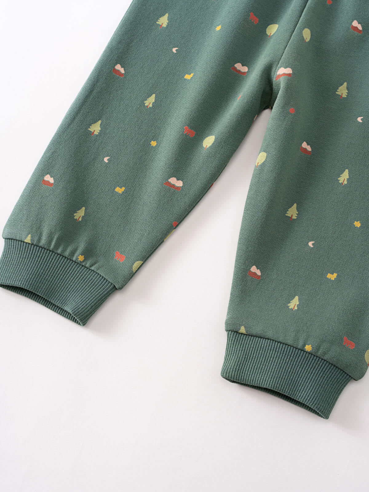 Close-up of green sweatpants with small tree and cloud pattern Printed Sweatpants - Mountain View Balsam Baby boy