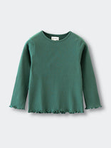 Green ribbed long sleeve shirt with ruffled hem and cuffs on white background Ribbed Long Sleeve Tee - Balsam Girls