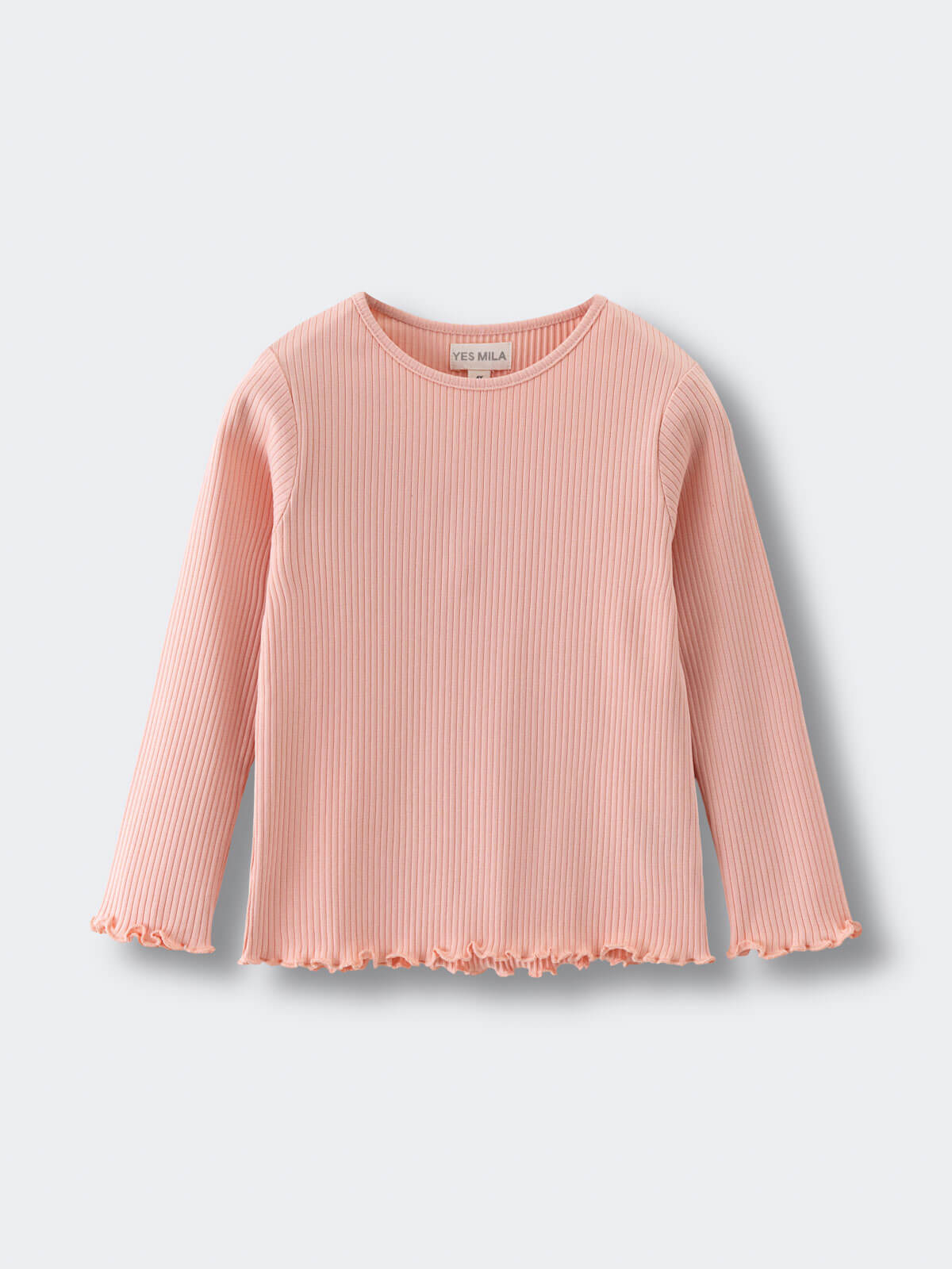 Pink ribbed long sleeve shirt with ruffled hem and cuffs on white background Ribbed Long Sleeve Tee - Mallow Girls