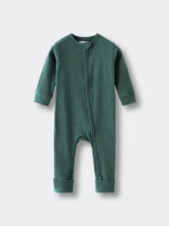 Green ribbed baby romper with zipper closure and fold-over cuffs Ribbed Long Sleeve One Piece - Balsam Baby boy