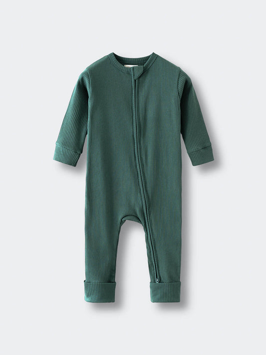 Green ribbed baby romper with zipper closure and fold-over cuffs Ribbed Long Sleeve One Piece - Balsam Baby boy