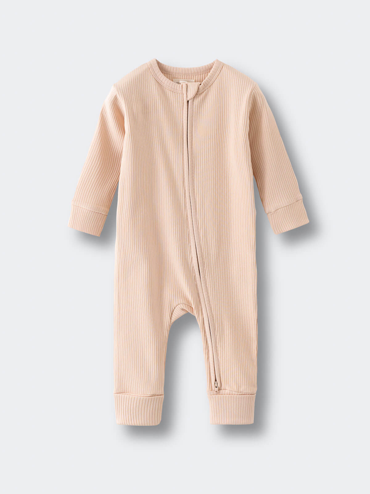 Peach ribbed baby romper with zipper closure laid flat Ribbed Long Sleeve One Piece - Clay Baby girl