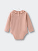 Pink long sleeve baby bodysuit with ruffled collar and button closure Ruffle Long Sleeve Bodysuit - Blush Baby girl