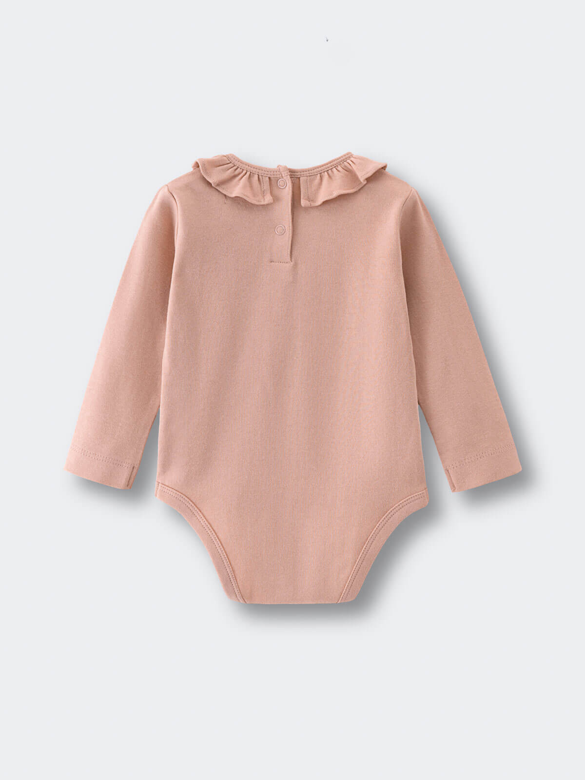 Pink long sleeve baby bodysuit with ruffled collar and button closure Ruffle Long Sleeve Bodysuit - Blush Baby girl