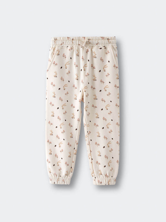 Cream-colored sweatpants with elastic waist and mushroom print pattern Sweatpants - Forest Gathering Ecru Girls