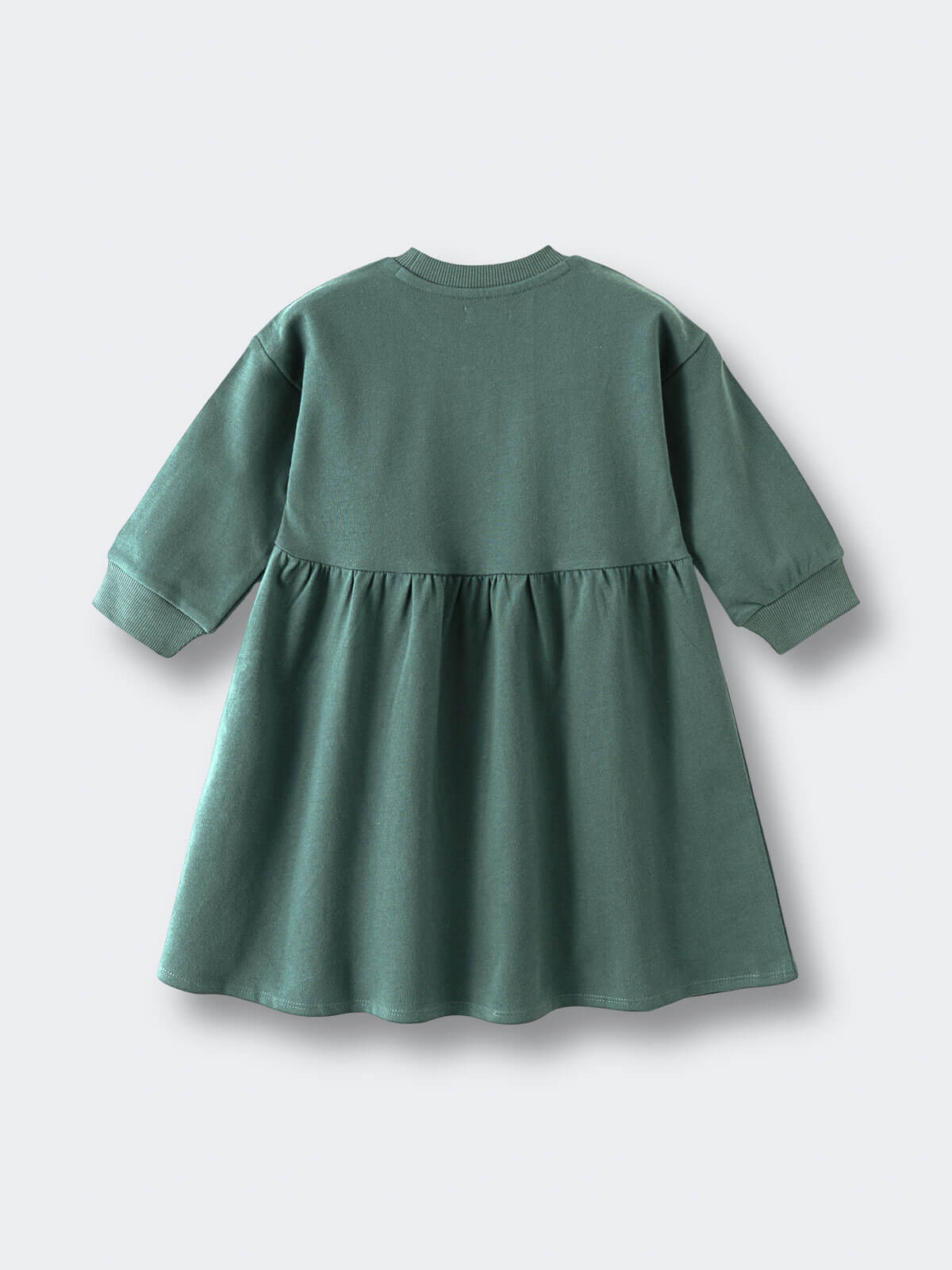 Green sweatshirt dress with gathered skirt and ribbed cuffs laid flat Sweatshirt Dress - Dove Girls