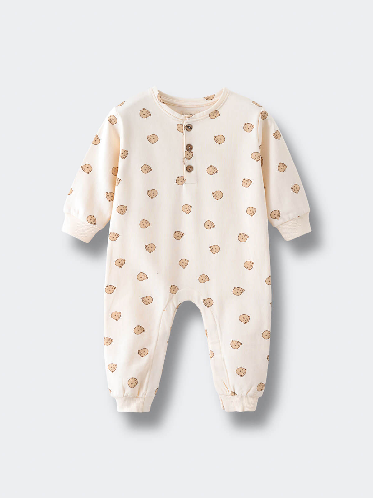 Cream-colored onesie with brown bear print and button front closure Sweatshirt Onesie - Cosy Bear Ecru Baby boy