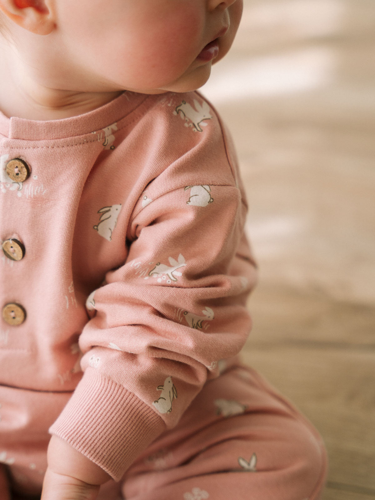 Baby wearing a pink onesie with animal print and wooden buttons Sweatshirt Onesie - Meadow Friends Blush Baby girl