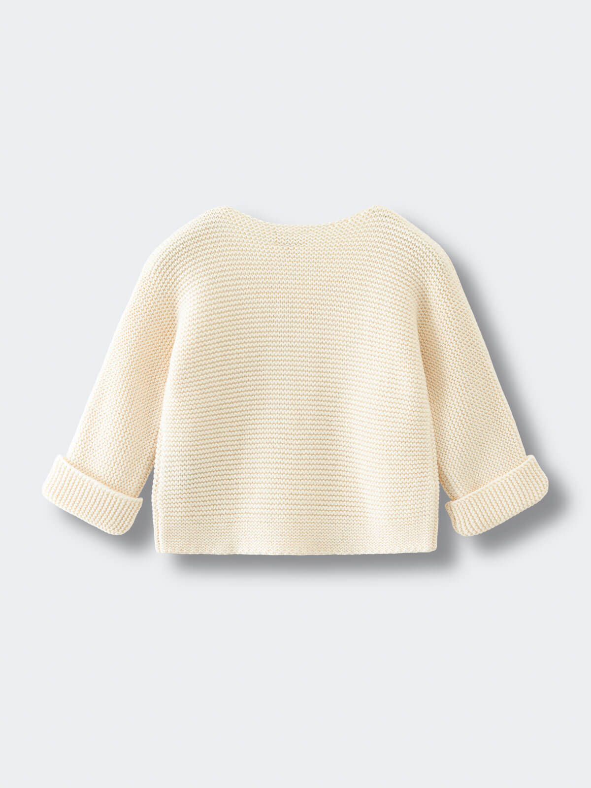 Cream-colored cotton knit cardigan on a light gray background