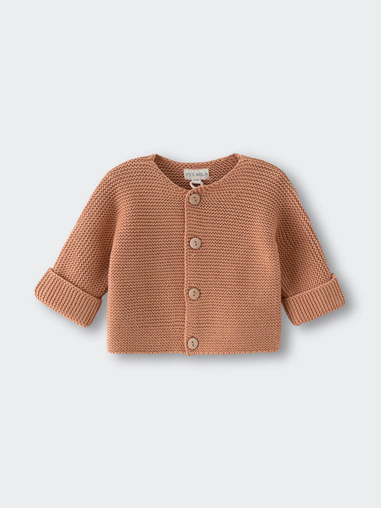 Baby cardigan in textured knit with four buttons and rolled cuffs Baby Cotton Cardigan - Salted Caramel Baby boy