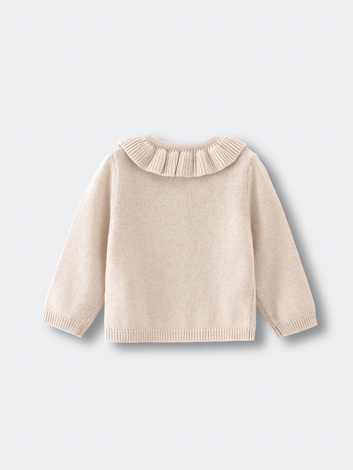 Beige sweater with a ruffled collar on a light gray background Baby Ruffle Cardigan - Ecru Baby girl
