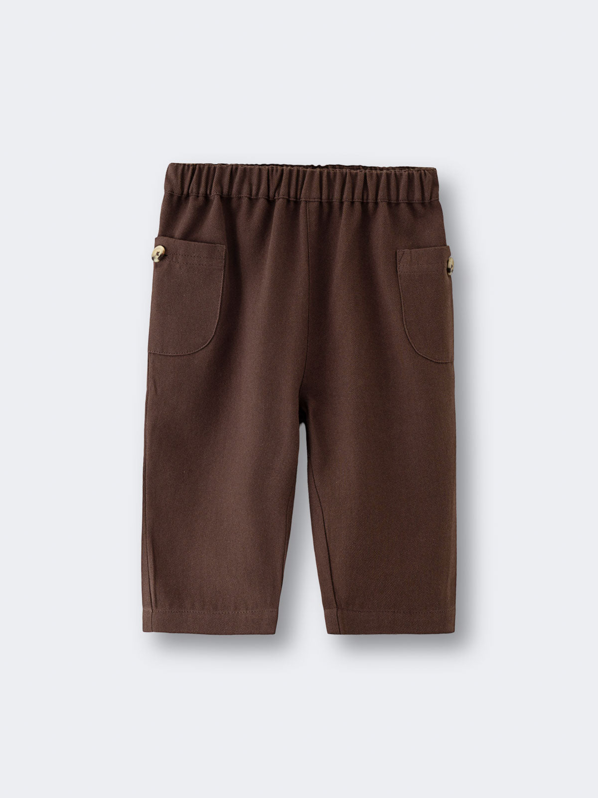 Brown twill pants with elastic waistband and front pockets laid flat Baby Twill Pants - Spruce Baby boy