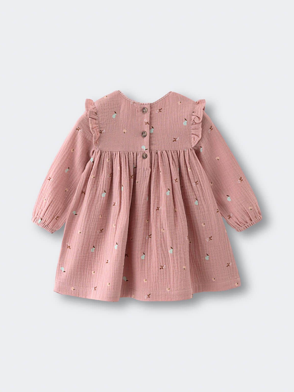 Pink baby dress with ruffled sleeves on a light gray background Baby Woven Dress - Autumn Harvest Rosehip Baby girl