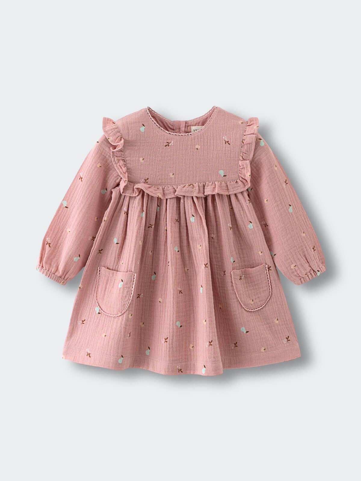 Pink baby dress with fruit pattern on a light gray background Baby Woven Dress - Autumn Harvest Rosehip Baby girl