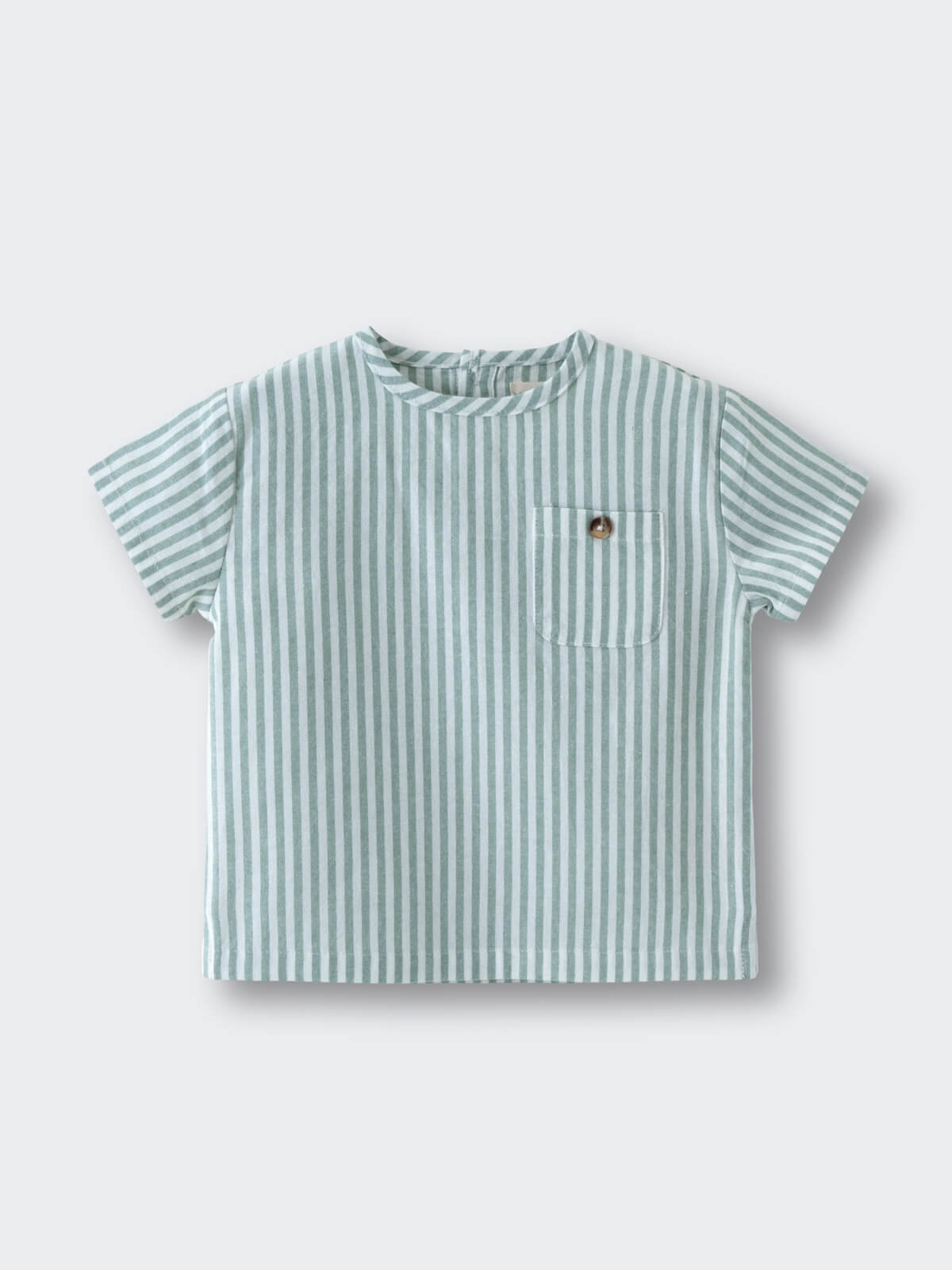Green and white striped short-sleeved shirt with chest pocket and button Woven Stripe Tee Shirt - Mint Stripe Baby boy
