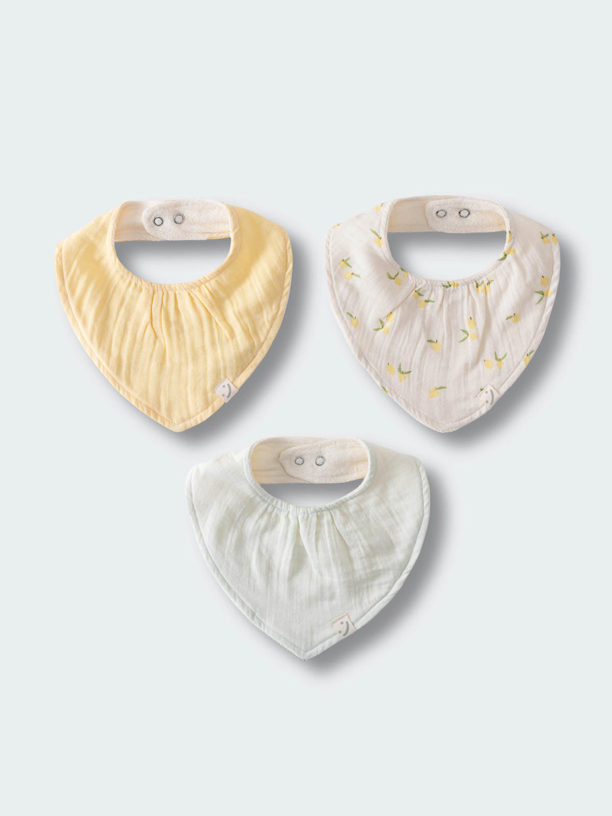 Three triangle-shaped baby bibs with snap closures in yellow and white tones Bandana Bibs 3 Pack - Lemons Baby girl