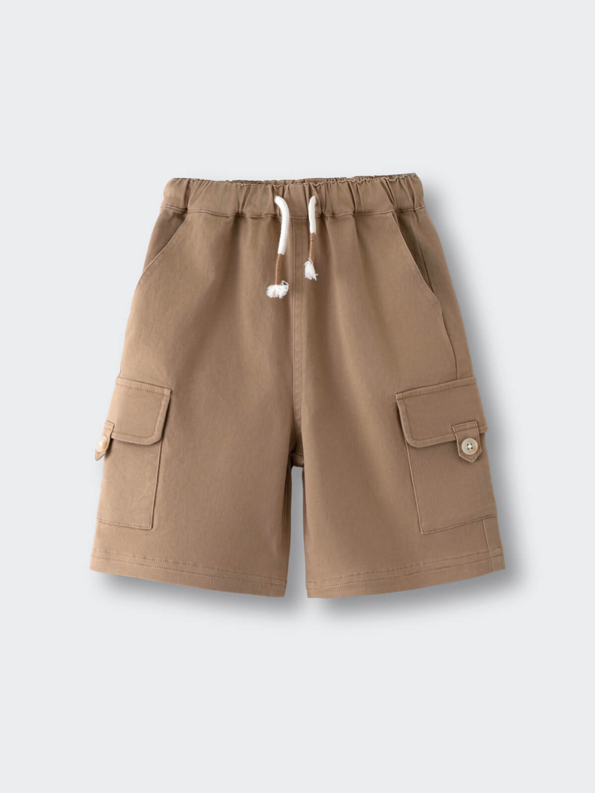Tan cargo shorts with elastic waistband and white drawstring on flat surface Cargo Shorts - Biscuit Boys
