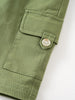 Close-up of olive green shorts showing pocket detail and cream button Cargo Shorts - Calla Green Boys