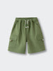 Green cargo shorts with white drawstring and buttoned pockets on a flat surface Cargo Shorts - Calla Green Boys