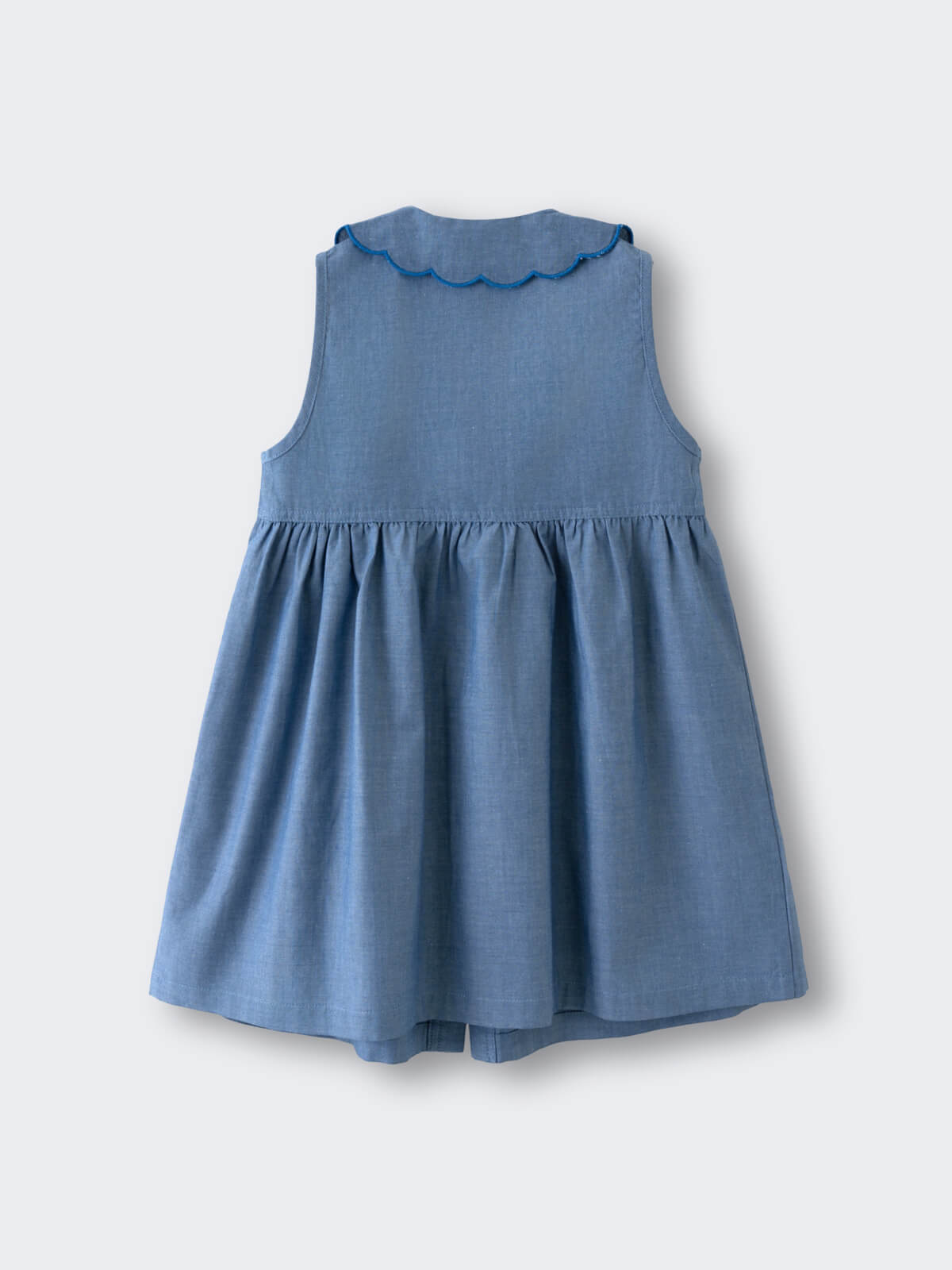 Blue chambray sleeveless dress with scalloped collar and gathered skirt Chambray Dress - Blue Chambray Girls