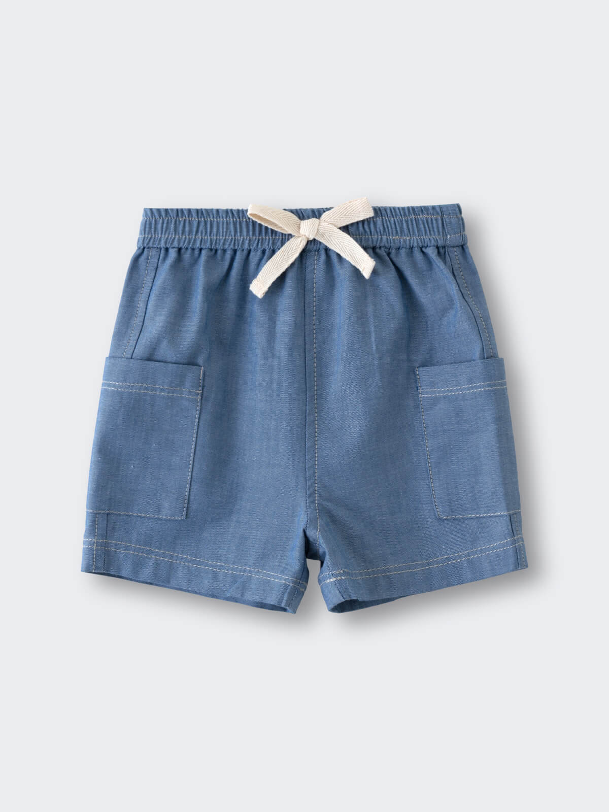 Blue chambray shorts with elastic waist and cream drawstring tie Chambray Shorts - Blue Chambray Baby boy