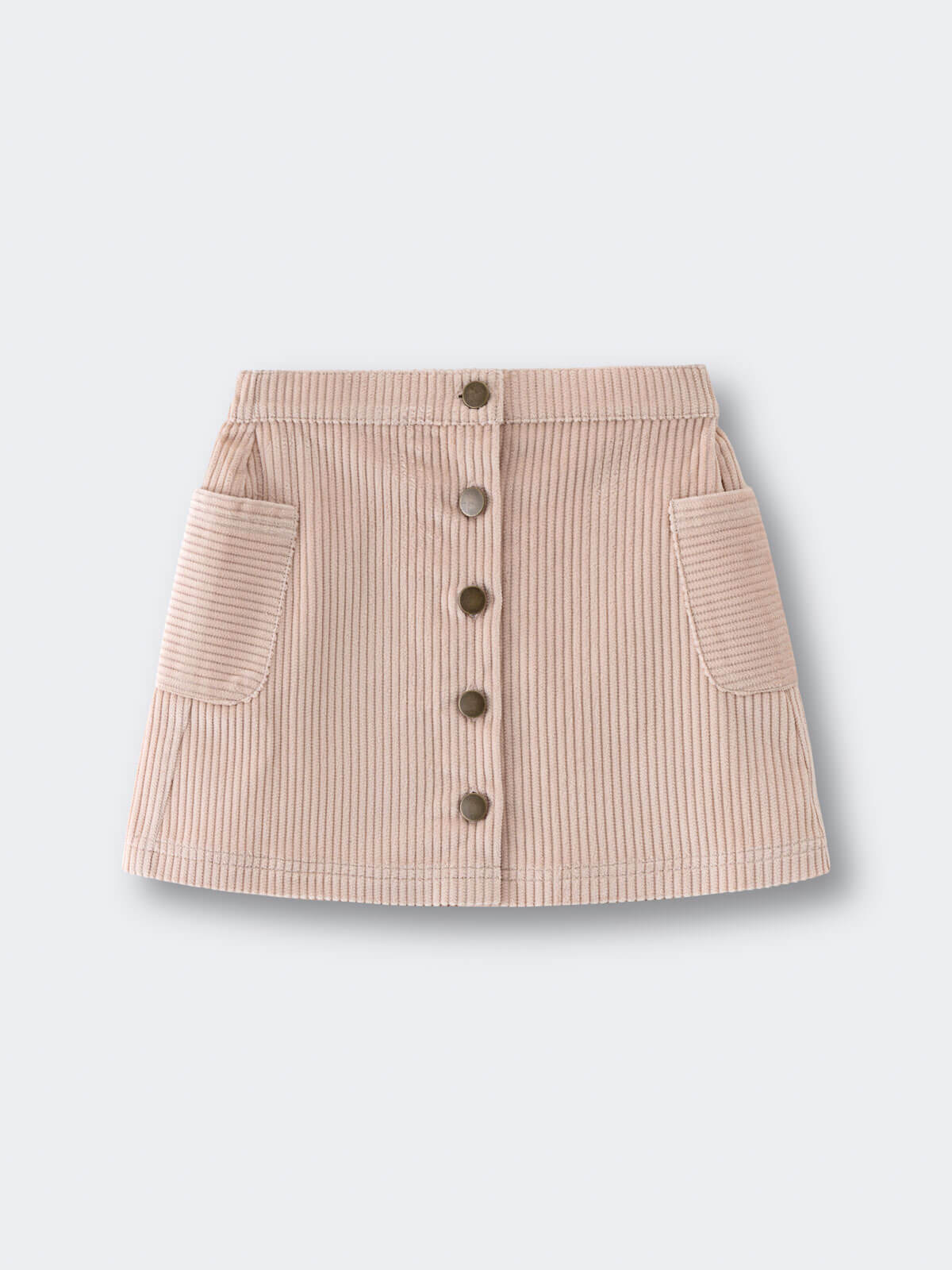 Beige corduroy skirt with button details on a light gray background