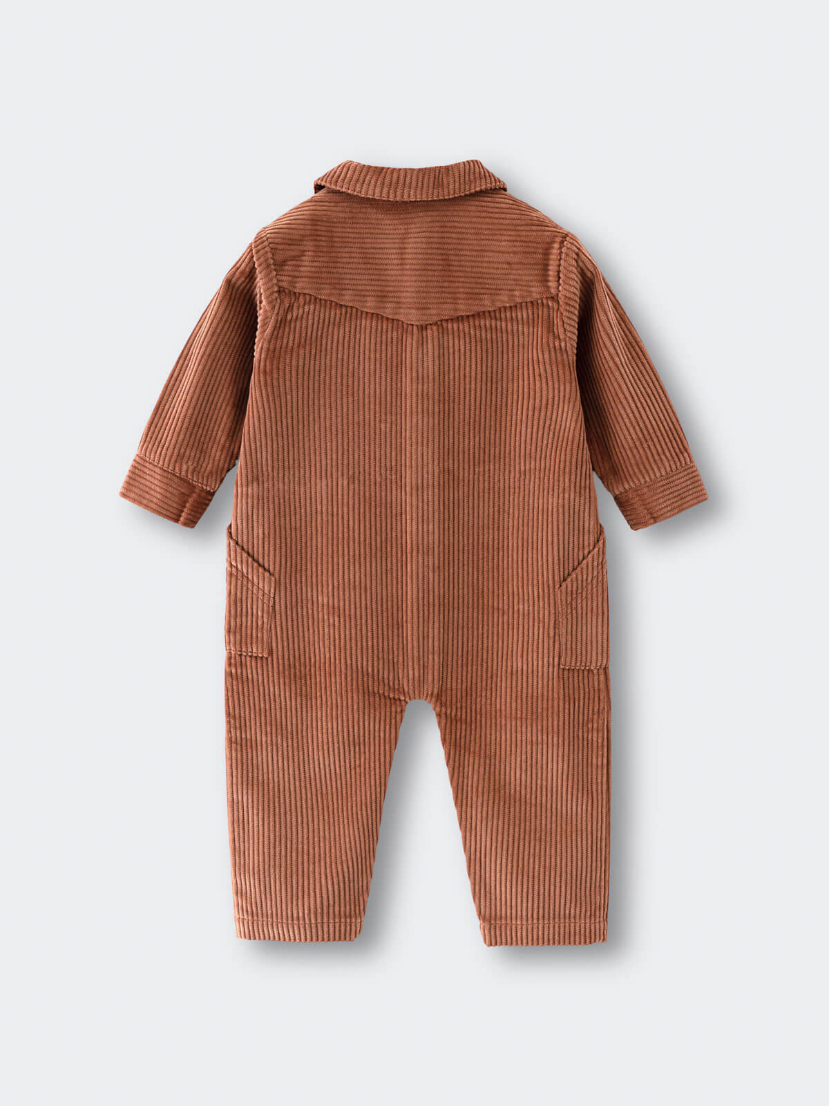 Brown corduroy jumpsuit with collar and front pockets laid flat Corduroy Jumpsuit - Russet Baby boy
