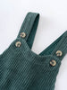 Green corduroy overalls with button details on a white background