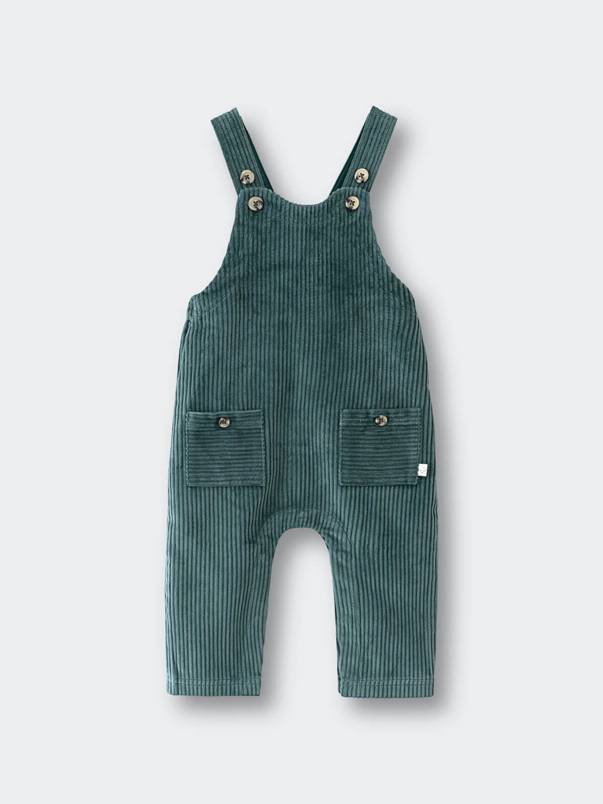 Green corduroy overalls on a white background