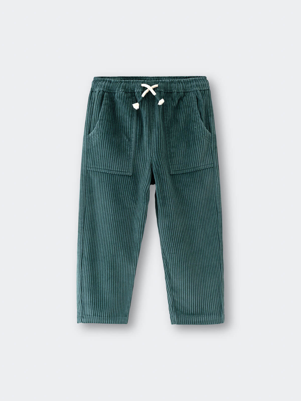 Green corduroy pants with a drawstring on a light gray background Corduroy Pants - Balsam Girls and Boys