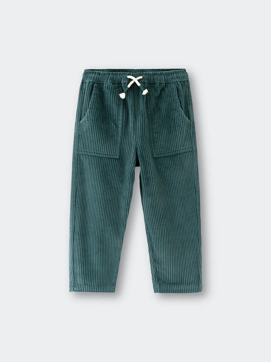 Green corduroy pants with a drawstring on a light gray background
