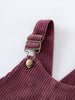 Close-up of a plum corduroy pinafore dress with a strap and button detail on a white background Corduroy Pinafore Dress - Plum Jam Girls