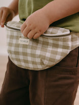 Child holding a plaid fanny pack with 'YES MILA' label Crossbody Bag - Brushed Cotton Check Girls and Boys