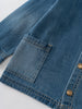 Close-up of a blue denim jacket with a pocket and button details on a light gray background Denim Jacket - Blue Denim Girls and Boys