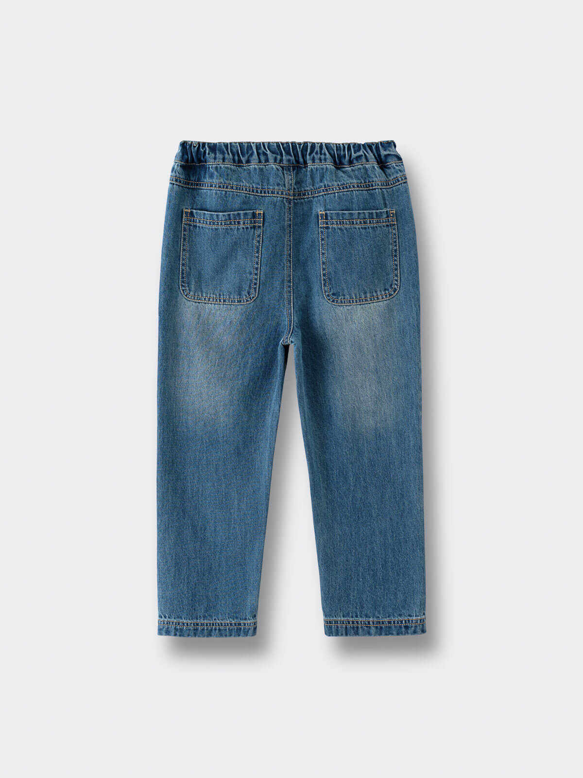 Back view of children's denim pants with two patch pockets and elastic waistband Denim Pants - Blue Denim Girls and Boys