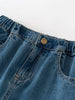 Close-up of blue denim waistband with bronze button and elastic gathering Denim Pants - Blue Denim Girls and Boys
