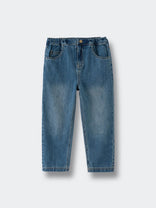 Children's blue jeans with elastic waistband and button closure laid flat Denim Pants - Blue Denim Girls and Boys