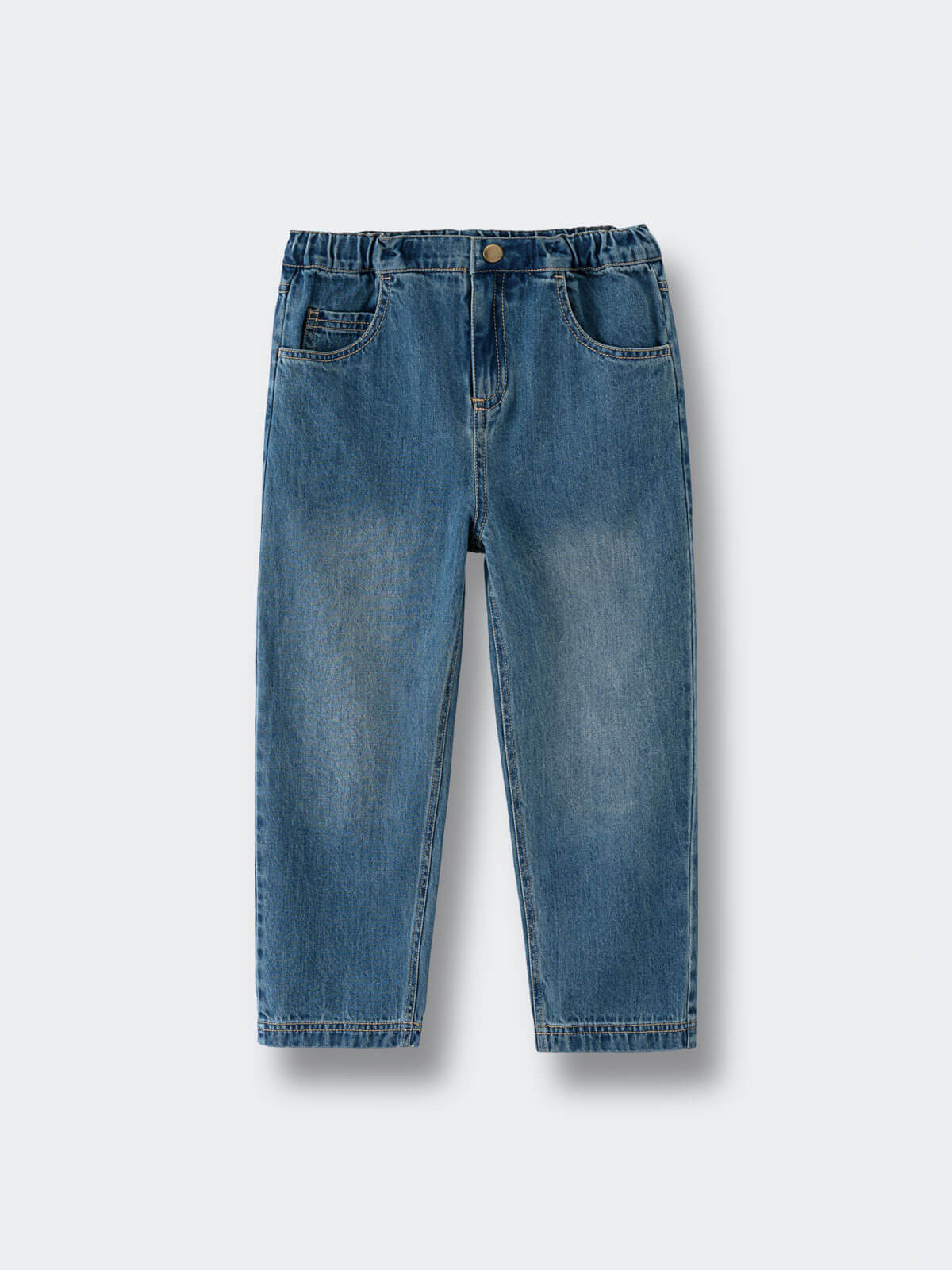 Children's blue jeans with elastic waistband and button closure laid flat Denim Pants - Blue Denim Girls and Boys