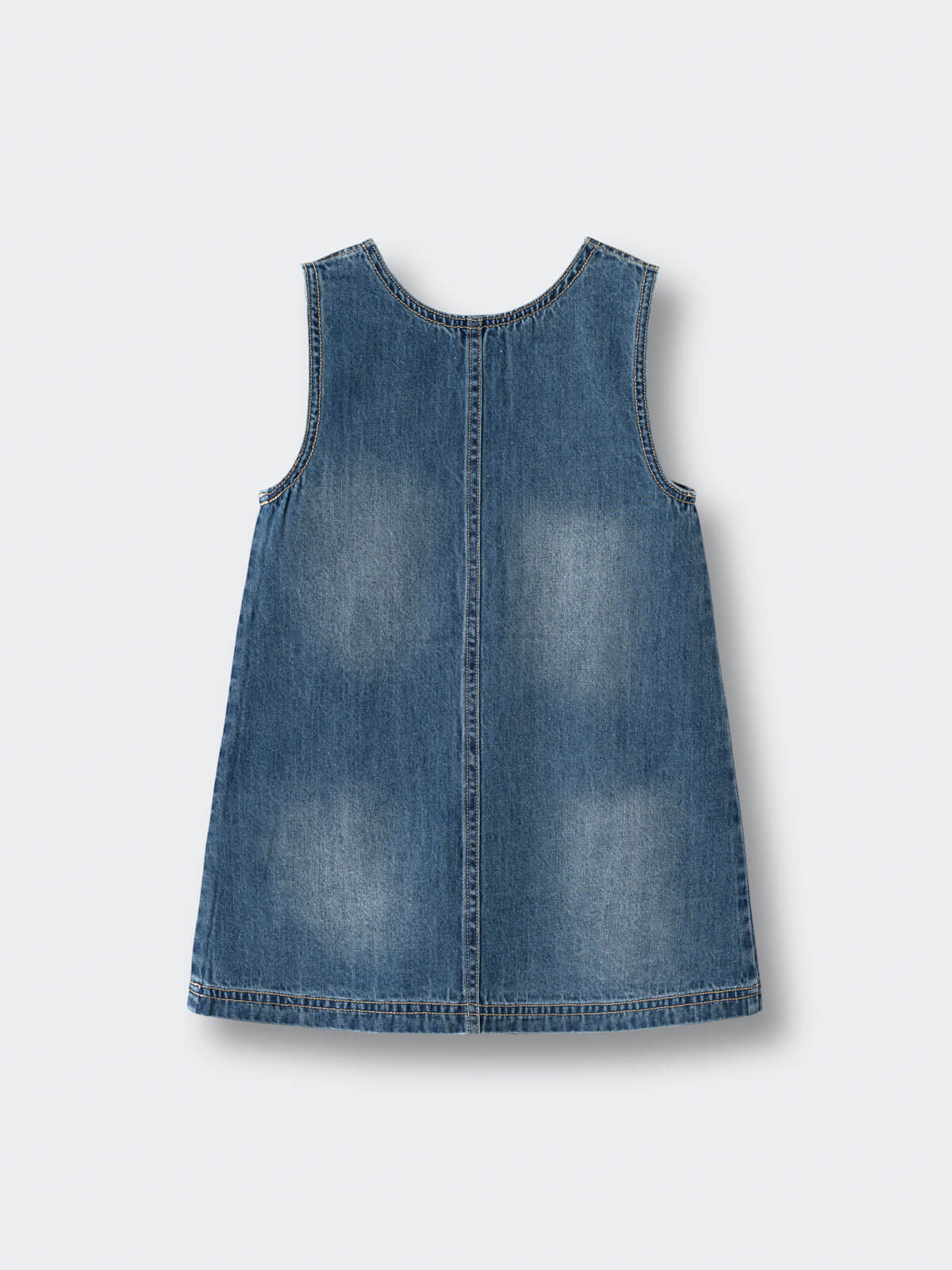 Blue denim dress on a light gray background Denim Pinafore Dress - Blue Denim Girls
